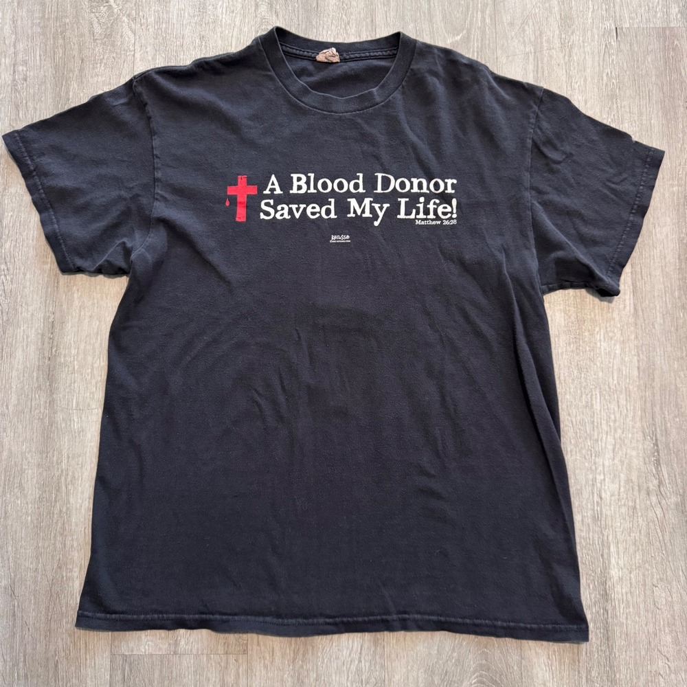 Vtg Kerusso Blood Donor Saved My Life Christian Shirt Black Large Matthew 26:28
